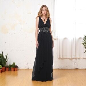 80s Black‎ Wedding Gown S/M | Sheer Chiffon Beaded Rainbow Crystal Evening Dress